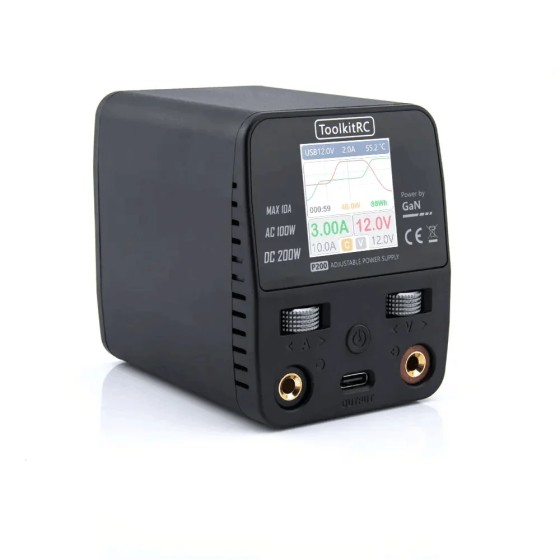 ToolkitRC P200 30V AC100W DC200W Max 10A Mini High Power Adjustable Desktop Power Supply Built-in GaN Output Charger Adapter